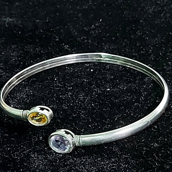 Antique Yellow Ceylon Sapphire & Amethyst Flexible Silver Bangle - Picture 6 of 16